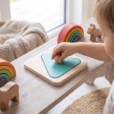 Montessori ξύλινη παζλ με καθρέφτη 12 x 12 εκ. Τριγωνικό κομμάτι με λαβή Αισθητηριακό παιχνίδι για μωρά και νήπια Τυρκουάζ 2