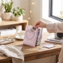 Mini pořadač na fotokarty 10,5 x 7,7 x 3 cm 16 stran PVC Růžový obal se srdíčkem a křidélky Zavírací pásek Album na fotokartičky 5