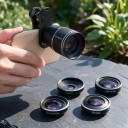 Mobilobjektiv sæt 5i1 Fisheye 195° Vidvinkel 170° og 110° Makro 10x Teleobjektiv 2x Med universal klip og etui Sort 2