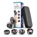 Mobilobjektiv sæt 5i1 Fisheye 195° Vidvinkel 170° og 110° Makro 10x Teleobjektiv 2x Med universal klip og etui Sort 4