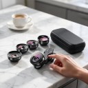 Mobilobjektiv sæt 5i1 Fisheye 195° Vidvinkel 170° og 110° Makro 10x Teleobjektiv 2x Med universal klip og etui Sort 5