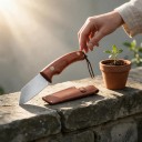 Cuțit de altoit cu lamă lată și tocă din piele 17,1 cm Lama cu două tăișuri Lamă cu model damasc Răhandle din santal Maro 4