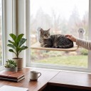 Faltbarer Katzenliegeplatz für das Fenster 60 x 30 cm Mit 4 Saugnäpfen Atmungsaktives Netz Beige Aussichtsliege auf Glas und glatter Wand 2