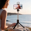 Baton selfie cu trepied 3 în 1 și lumină LED 70 cm Controler Bluetooth detașabil 10 m Suport rotativ 360° Oțel inoxidabil Negru pentru călătorii 3