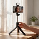 Baton selfie cu trepied 3 în 1 și lumină LED 70 cm Controler Bluetooth detașabil 10 m Suport rotativ 360° Oțel inoxidabil Negru pentru călătorii 5