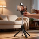 Baton selfie cu trepied 3 în 1 și lumină LED 70 cm Controler Bluetooth detașabil 10 m Suport rotativ 360° Oțel inoxidabil Negru pentru călătorii 7
