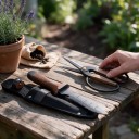 Juego de cuchillo de jardín con funda y tijeras Cuchillo 33,5 cm con sierra Tijeras 20,5 cm Mangos de madera de nogal Funda de nylon Negra y marrón 3