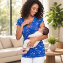 Maglietta premaman e per allattamento da donna con maniche corte e motivo floreale con scollatura a V incrociata e arricciatura sotto 3