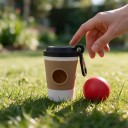 Distributore di sacchetti per escrementi canini a forma di bicchiere da caffè con moschettone Apertura laterale 8 x 5 cm Beige con coperchio nero 2