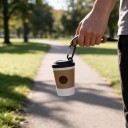 Distributore di sacchetti per escrementi canini a forma di bicchiere da caffè con moschettone Apertura laterale 8 x 5 cm Beige con coperchio nero 3
