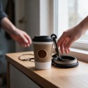 Distributore di sacchetti per escrementi canini a forma di bicchiere da caffè con moschettone Apertura laterale 8 x 5 cm Beige con coperchio nero 5