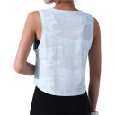 Γυναικείο αθλητικό crop top μπλουζάκι με καμουφλάζ και στρογγυλή λαιμόκοψη, ελεύθερη κοντή μπλούζα με βαθιές μασχάλες 7