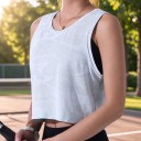Γυναικείο αθλητικό crop top μπλουζάκι με καμουφλάζ και στρογγυλή λαιμόκοψη, ελεύθερη κοντή μπλούζα με βαθιές μασχάλες 8