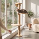 Sisal-Säule für Katzen mit Saugnäpfen 1 m mit 2 runden Plattformen 30 cm und Basis Massivholz und Sisal Kletter-Säule für das Fenster 3