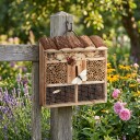 Hotel de insectos colgante 31 x 30,5 x 9,5 cm Casa para abejas y mariposas de madera de abeto carbonizada Techo con corteza Bambú y piñas 2