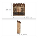 Hotel de insectos colgante 31 x 30,5 x 9,5 cm Casa para abejas y mariposas de madera de abeto carbonizada Techo con corteza Bambú y piñas 8
