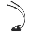 Lámpara LED con clip 6 W Dos brazos flexibles 350 x 45 x 43 mm Regulable Alimentación USB o 3 x AAA Negra Para partituras, libros y portátiles 6