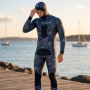Men's Two-Piece 3 mm Neoprene Diving Suit with Hood and High-Waisted Trousers in Dark Blue with Pattern and Knee Protectors 4
