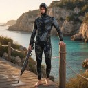 Men's Two-Piece 3 mm Neoprene Diving Suit with Green Camouflage Pattern, Hooded Jacket and Knee Protector Trousers 5