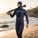 Men's Two-Piece 3 mm Blue Neoprene Diving Suit with Veined Pattern, Hooded Jacket and Knee Protector Trousers 5