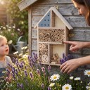 Hotel de insectos 25,5 x 35 cm Casa de madera para abejas solitarias y mariquitas 5 compartimentos Tubos naturales y troncos de madera Para el jardín 2