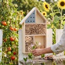 Hotel de insectos 25,5 x 35 cm Casa de madera para abejas solitarias y mariquitas 5 compartimentos Tubos naturales y troncos de madera Para el jardín 4
