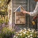 Hotel de insectos 25,5 x 35 cm Casa de madera para abejas solitarias y mariquitas 5 compartimentos Tubos naturales y troncos de madera Para el jardín 8
