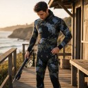 Men's Camouflage Neoprene Diving Suit 3 mm Two-Piece Set with Hooded Jacket and Sleeveless Jumpsuit with Knee Protectors 5