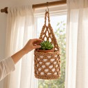 Makramee-Blumentopf-Hängkorb 28 x 15 cm Aus Seil Geflochten Brauner Boho Übertopf für Pflanzen und Sukkulenten zum Aufhängen an der Wand 3