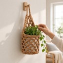 Makramee-Blumentopf-Hängkorb 28 x 15 cm Aus Seil Geflochten Brauner Boho Übertopf für Pflanzen und Sukkulenten zum Aufhängen an der Wand 5