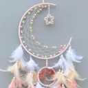 Acchiappasogni luna con stella e albero della vita Lunghezza 75 cm Luna 20 cm Piume e perline Decorazione appesa rosa per parete in camera da letto 3