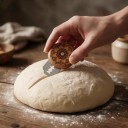 Runde Brotmesser 5 cm mit Lotusmuster und 10 Ersatzklingen Holzgriff mit Etui Hellbraun Teig schneiden 2