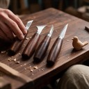 Sada 4 řezbářských nožů Délka 12,9 až 16 cm Šikmé a zahnuté čepele z nerezové oceli Dřevěné rukojeti Pro dřevořezbu a vyřezávání 3