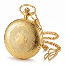Orologi da tasca con catena e fibbia Coperchio inciso e numeri romani Cifera 4,5 cm Quarzo Lega metallica Dorata Per uomini e donne 3