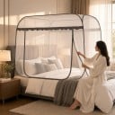 Moskitonet mod insekter Stående telt over seng 1,5 m 200 x 150 x 145 cm Med rammestruktur Fin netting Hvid med grå kant 2