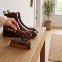 Sæt med 2 skobørster af hestehår, cremeapplikator 17,3 cm og poleringsbørste 13,5 cm, træhåndtag, pleje af lædersko og tilbehør 3