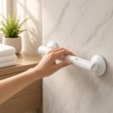 Přídržné madlo do koupelny 35 cm Montáž lepením bez vrtání Průměr podstavců 8,5 cm Protiskluzová rukojeť Rozebíratelné provedení Bílé 3