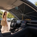 Sluneční clona deštník na čelní sklo auta 140 x 74 cm Kroužek místo rukojeti Výřez pro zrcátko Černá a stříbrná Ochrana interiéru 4