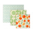 Bienenwachstücher für Lebensmittel Set 3 Stück 18 x 20 cm 25 x 25 cm und 30 x 35 cm Baumwolle und Bienenwachs Grüne und orange Muster Für Snacks 1