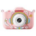 Dětský digitální fotoaparát s kočkou a duhou 2″ IPS displej 1080P video Selfie objektiv Silikonový kryt Karta 32 GB Růžový Pro děti 1