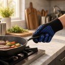 Gant de protection avec éléments antidérapants Longueur 25 cm Cinq doigts avec manchette côtelée Matériau tricoté Motif flammes 5