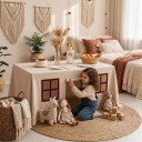 Dug med vinduer og døre Legehus til børn 170 x 104 x 65 cm Telt under bord Tkanin peach skin Beige-vinrød 4