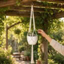 Macramé ophæng til blomsterkrukker med metalring og snoede knuder Længde 105 cm Håndlavet reb af plantefibre Hvid Boho dekoration 2