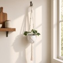 Macramé ophæng til blomsterkrukker med metalring og snoede knuder Længde 105 cm Håndlavet reb af plantefibre Hvid Boho dekoration 3