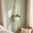 Macramé ophæng til blomsterkrukker med metalring og snoede knuder Længde 105 cm Håndlavet reb af plantefibre Hvid Boho dekoration 5