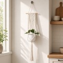 Macramé ophæng til plantekrukker med dekorativt vægpanel på træstang 105 cm Snor af plantefibre Hvid Boho dekoration 3