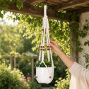 Hamac en macramé pour pot de fleurs avec anneau en métal et perles brun-rouge Longueur 90 cm Corde tissée en fibres végétales Blanche Pour plantes 2