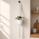 Macramé ophæng til blomsterkrukker med spiralknuder og metalring Længde 105 cm Flettet snor af plantefibre Hvid Boho dekoration 3