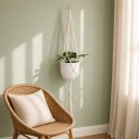 Macramé ophæng til blomsterkrukker med spiralknuder og metalring Længde 105 cm Flettet snor af plantefibre Hvid Boho dekoration 4