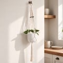 Macramé ophæng til plantekrukke med sorte perler og metalring Længde 105 cm Håndlavet reb af plantefibre Hvid Til planter 3